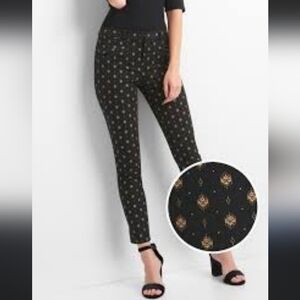Gap Size 16 Skinny Ankle Black & Gold  Print Pants Front Zip Pockets